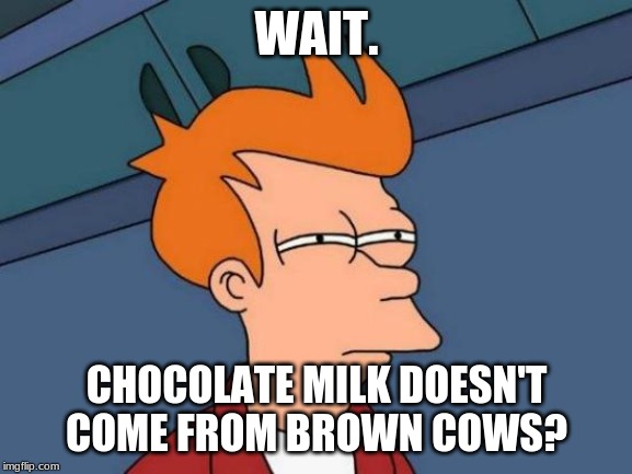 Futurama Fry | WAIT. CHOCOLATE MILK DOESN'T COME FROM BROWN COWS? | image tagged in memes,futurama fry | made w/ Imgflip meme maker