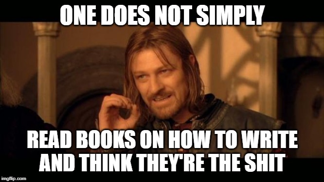 Sean Bean Lord Of The Rings | ONE DOES NOT SIMPLY; READ BOOKS ON HOW TO WRITE
AND THINK THEY'RE THE SHIT | image tagged in sean bean lord of the rings | made w/ Imgflip meme maker