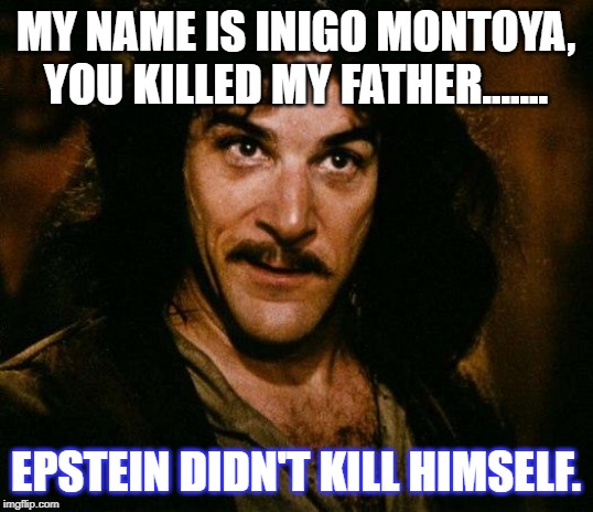 Inigo Montoya | MY NAME IS INIGO MONTOYA, YOU KILLED MY FATHER....... EPSTEIN DIDN'T KILL HIMSELF. | image tagged in memes,inigo montoya | made w/ Imgflip meme maker