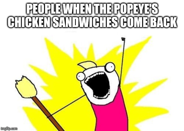 X All The Y | PEOPLE WHEN THE POPEYE'S CHICKEN SANDWICHES COME BACK | image tagged in memes,x all the y | made w/ Imgflip meme maker