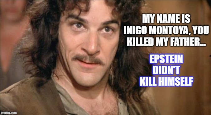 Inigo Montoya | MY NAME IS INIGO MONTOYA, YOU KILLED MY FATHER... EPSTEIN DIDN'T KILL HIMSELF | image tagged in inigo montoya | made w/ Imgflip meme maker