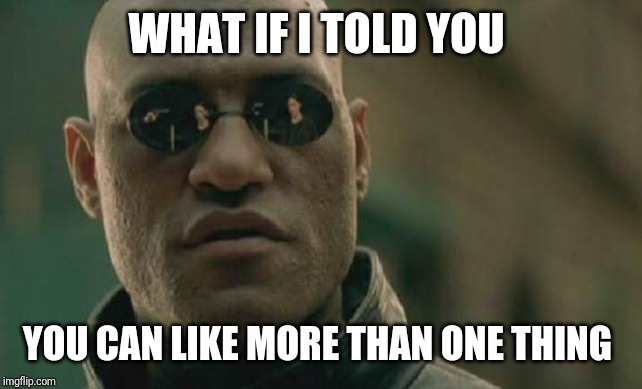 Matrix Morpheus Meme | WHAT IF I TOLD YOU; YOU CAN LIKE MORE THAN ONE THING | image tagged in memes,matrix morpheus | made w/ Imgflip meme maker