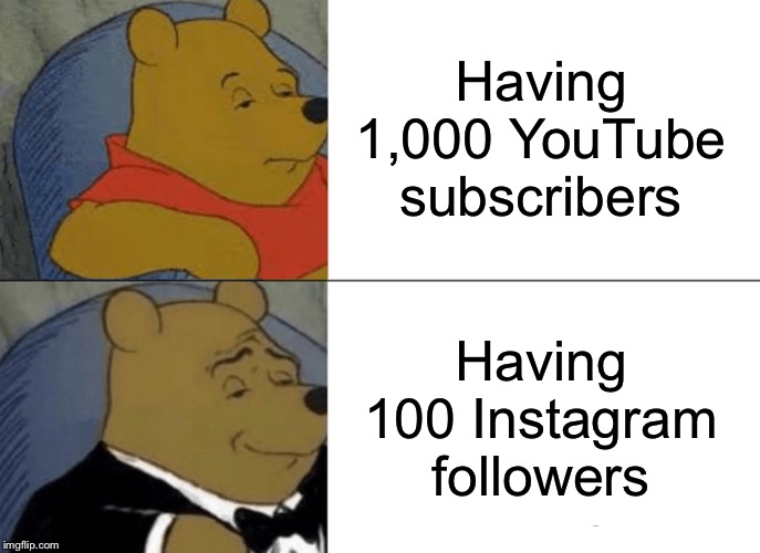 Tuxedo Winnie The Pooh Meme | Having 1,000 YouTube subscribers; Having 100 Instagram followers | image tagged in memes,tuxedo winnie the pooh | made w/ Imgflip meme maker