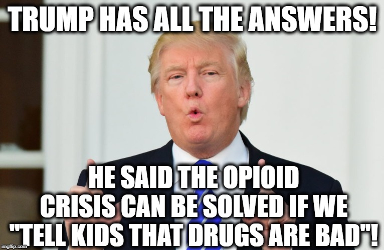 Trump Has All The Answers! #2 | TRUMP HAS ALL THE ANSWERS! HE SAID THE OPIOID CRISIS CAN BE SOLVED IF WE "TELL KIDS THAT DRUGS ARE BAD"! | image tagged in donald trump,drugs,drugs are bad,impeach trump,genius,answers | made w/ Imgflip meme maker