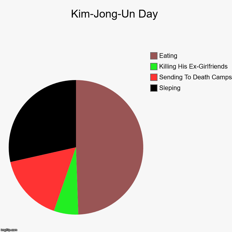 Kim-Jong-Un Day | Sleping, Sending To Death Camps, Killing His Ex-Girlfriends, Eating | image tagged in charts,pie charts | made w/ Imgflip chart maker