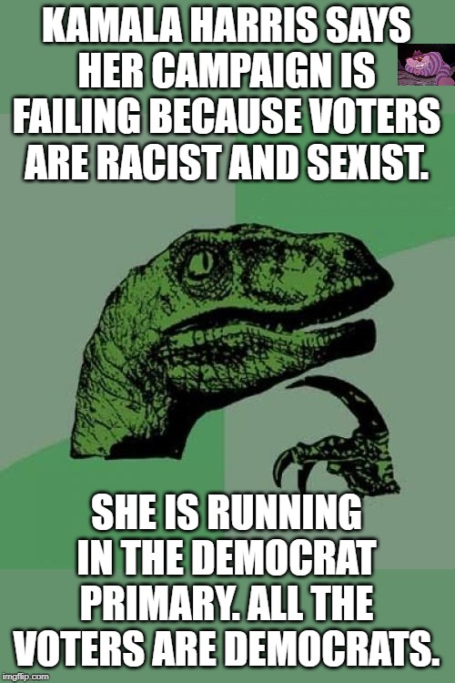She may be right. | KAMALA HARRIS SAYS HER CAMPAIGN IS FAILING BECAUSE VOTERS ARE RACIST AND SEXIST. SHE IS RUNNING IN THE DEMOCRAT PRIMARY. ALL THE VOTERS ARE DEMOCRATS. | image tagged in memes,philosoraptor | made w/ Imgflip meme maker