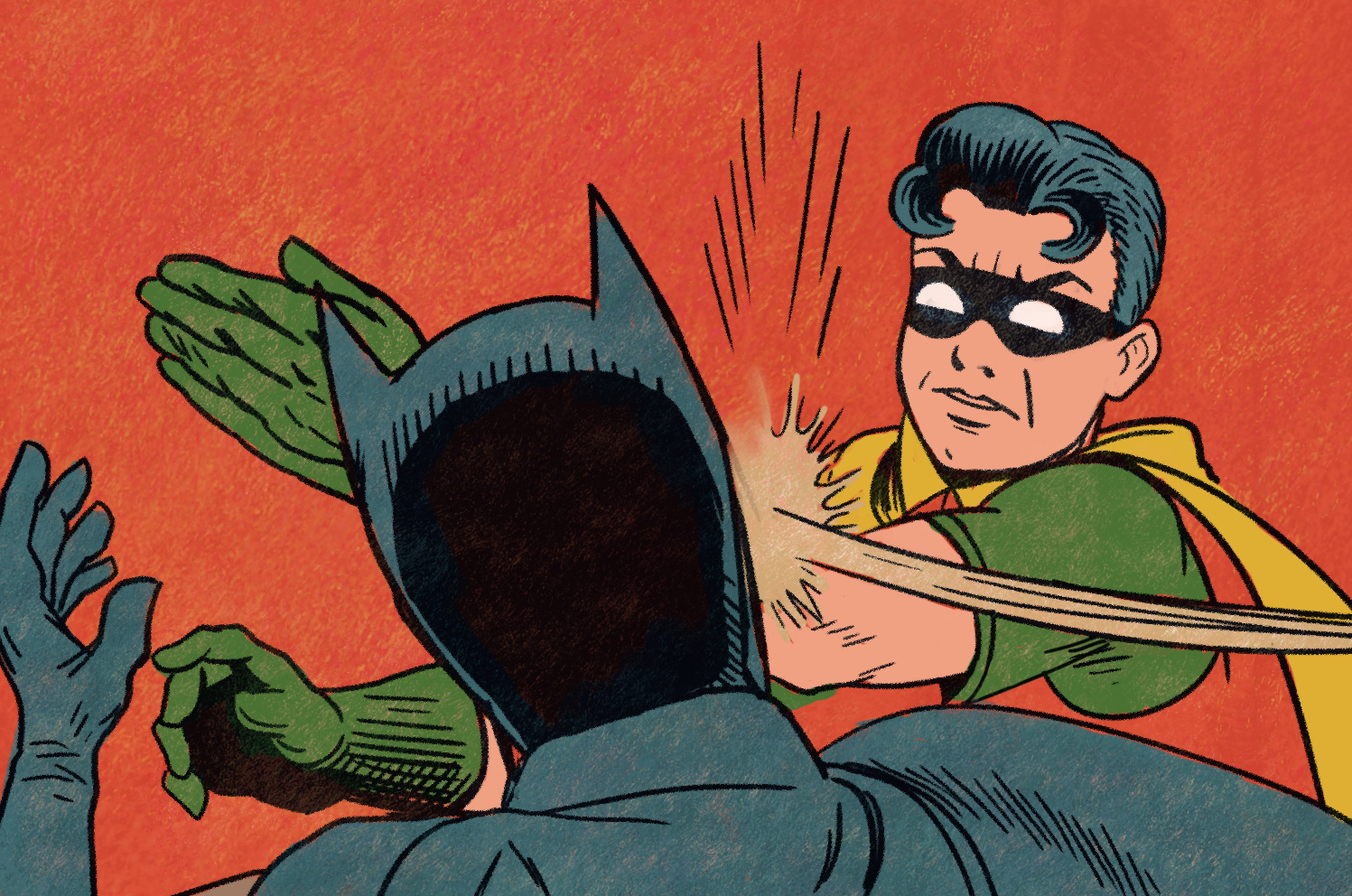 Robin slaps Batman. 
