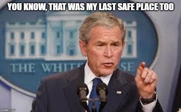 George Bush | YOU KNOW, THAT WAS MY LAST SAFE PLACE TOO | image tagged in george bush | made w/ Imgflip meme maker