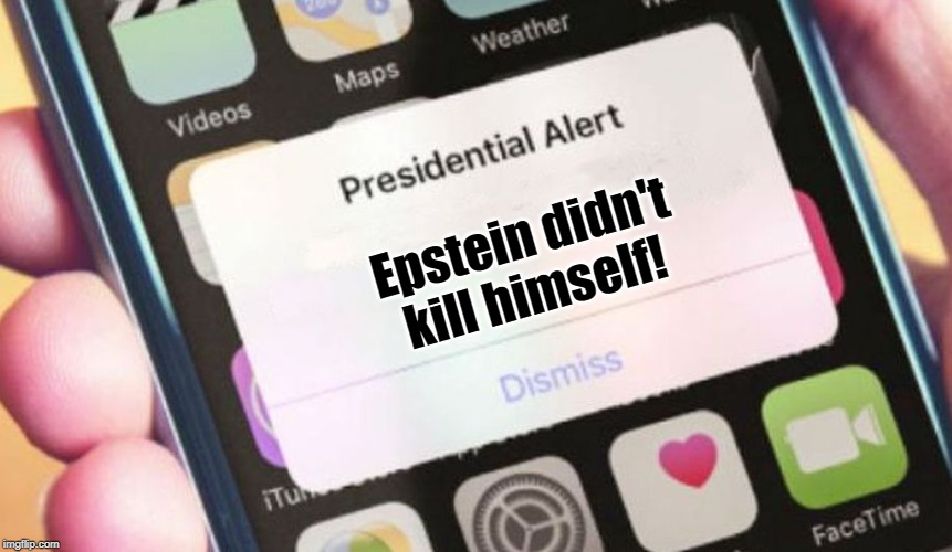 Presidential Alert!
Epstein... | Epstein didn't
kill himself! | image tagged in presidential alert,funny memes,political meme,jeffrey epstein,cover up | made w/ Imgflip meme maker