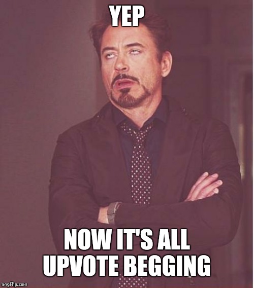 Face You Make Robert Downey Jr Meme | YEP NOW IT'S ALL UPVOTE BEGGING | image tagged in memes,face you make robert downey jr | made w/ Imgflip meme maker