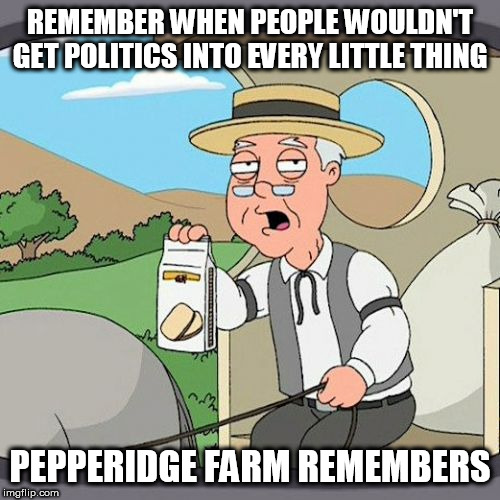 Remember? | REMEMBER WHEN PEOPLE WOULDN'T GET POLITICS INTO EVERY LITTLE THING; PEPPERIDGE FARM REMEMBERS | image tagged in memes,pepperidge farm remembers,politics,political,every little thing,everything | made w/ Imgflip meme maker