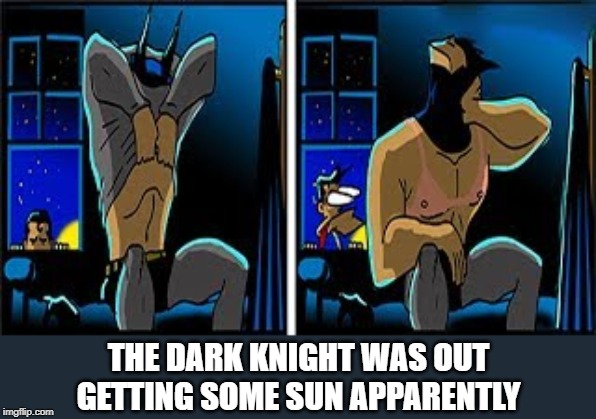 Batmankini | THE DARK KNIGHT WAS OUT GETTING SOME SUN APPARENTLY | image tagged in batman | made w/ Imgflip meme maker