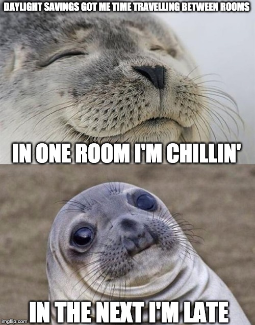 Short Satisfaction VS Truth Meme | DAYLIGHT SAVINGS GOT ME TIME TRAVELLING BETWEEN ROOMS; IN ONE ROOM I'M CHILLIN'; IN THE NEXT I'M LATE | image tagged in memes,short satisfaction vs truth | made w/ Imgflip meme maker