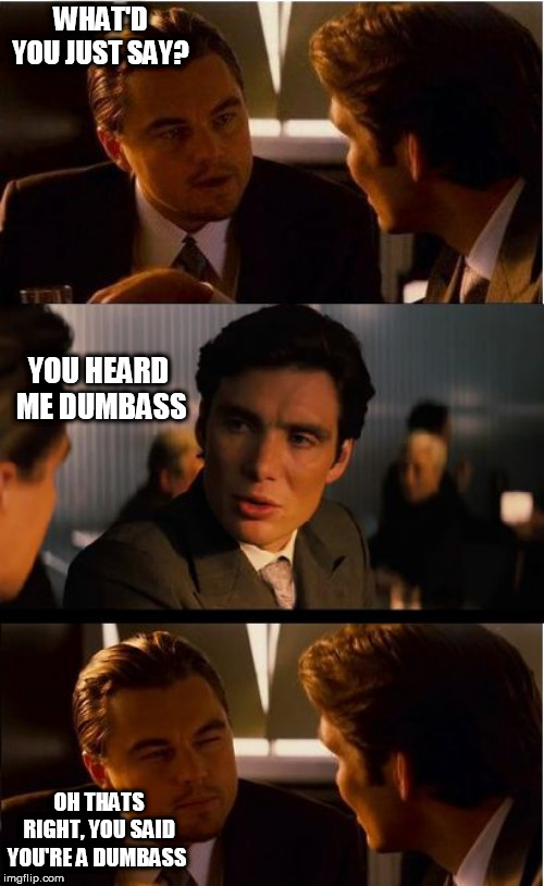 DUMB (___|___) | WHAT'D YOU JUST SAY? YOU HEARD  ME DUMBASS; OH THATS RIGHT, YOU SAID YOU'RE A DUMBASS | image tagged in memes,inception,yeah yo butt is dumb,youre a dumbass,what did you just say | made w/ Imgflip meme maker