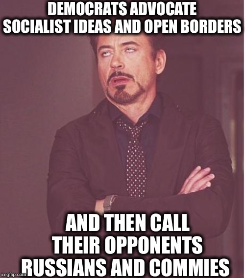 Face You Make Robert Downey Jr | DEMOCRATS ADVOCATE SOCIALIST IDEAS AND OPEN BORDERS; AND THEN CALL THEIR OPPONENTS RUSSIANS AND COMMIES | image tagged in memes,face you make robert downey jr,democrats,democratic party,democratic socialism,communist socialist | made w/ Imgflip meme maker