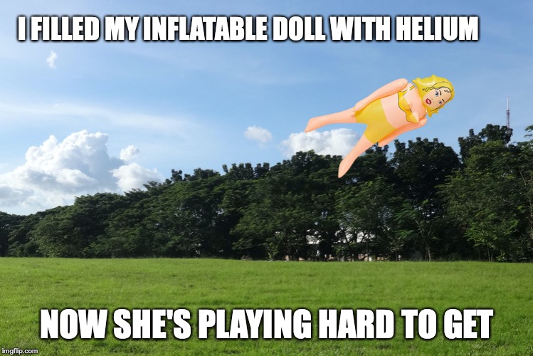 I FILLED MY INFLATABLE DOLL WITH HELIUM; NOW SHE'S PLAYING HARD TO GET | image tagged in pun,inflatable doll | made w/ Imgflip meme maker