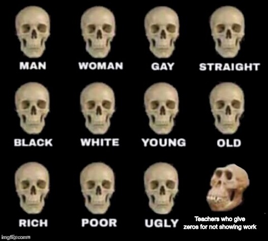 idiot skull | Teachers who give zeros for not showing work | image tagged in idiot skull | made w/ Imgflip meme maker