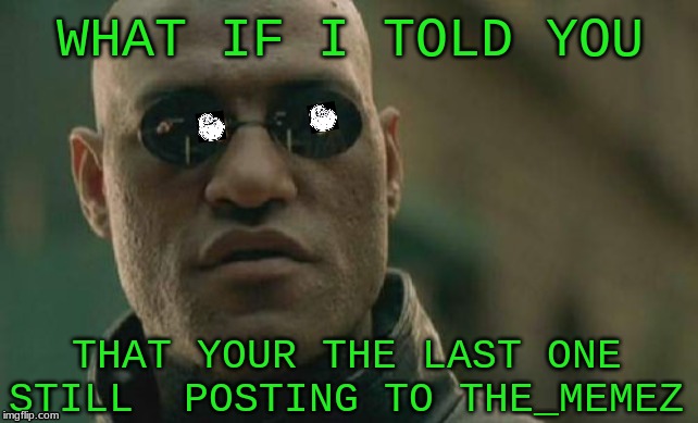 i guess i'm the last one now... forever alone (:-\ | WHAT IF I TOLD YOU; THAT YOUR THE LAST ONE STILL  POSTING TO THE_MEMEZ | image tagged in memes,matrix morpheus | made w/ Imgflip meme maker