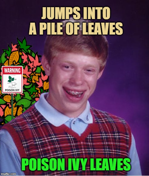 Itchy Brian | JUMPS INTO A PILE OF LEAVES; POISON IVY LEAVES | image tagged in funny memes,bad luck brian,poison ivy,autumn leaves,leaves,memes | made w/ Imgflip meme maker