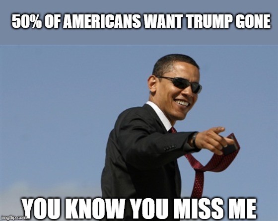 Come back Obama! | 50% OF AMERICANS WANT TRUMP GONE; YOU KNOW YOU MISS ME | image tagged in memes,cool obama,maga,impeach trump,politics | made w/ Imgflip meme maker