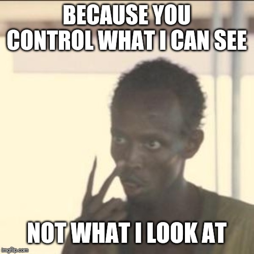 Look At Me Meme | BECAUSE YOU CONTROL WHAT I CAN SEE NOT WHAT I LOOK AT | image tagged in memes,look at me | made w/ Imgflip meme maker