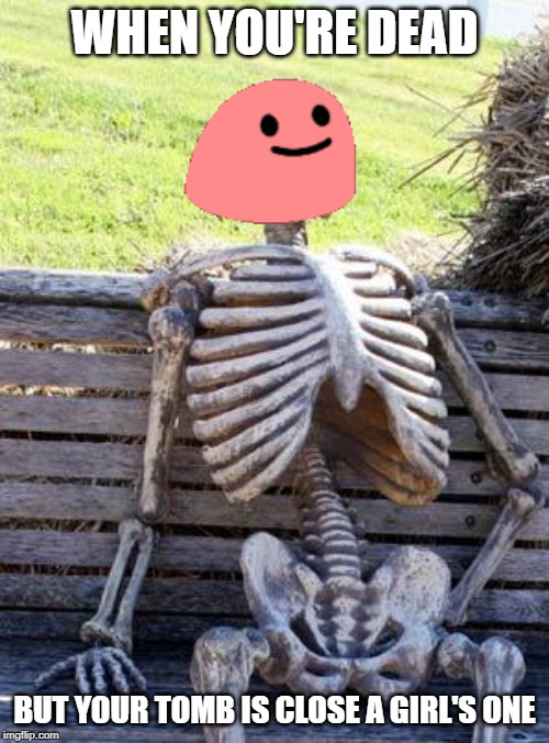Waiting Skeleton | WHEN YOU'RE DEAD; BUT YOUR TOMB IS CLOSE A GIRL'S ONE | image tagged in memes,waiting skeleton | made w/ Imgflip meme maker