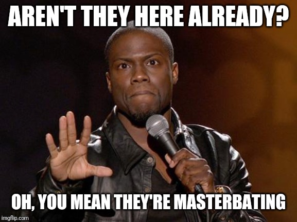 kevin hart | AREN'T THEY HERE ALREADY? OH, YOU MEAN THEY'RE MASTERBATING | image tagged in kevin hart | made w/ Imgflip meme maker