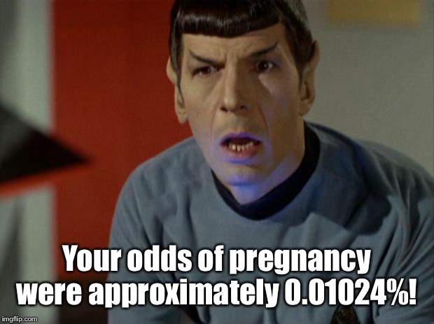 Shocked Spock  | Your odds of pregnancy were approximately 0.01024%! | image tagged in shocked spock | made w/ Imgflip meme maker