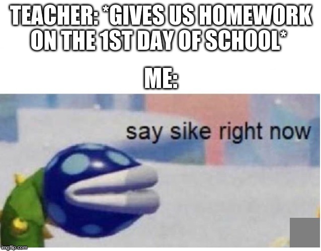 say sike right now | TEACHER: *GIVES US HOMEWORK ON THE 1ST DAY OF SCHOOL*; ME: | image tagged in say sike right now | made w/ Imgflip meme maker