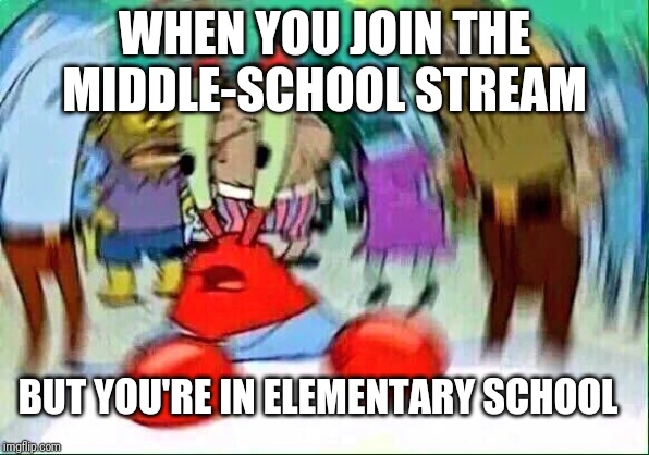 Mr.Krabs | WHEN YOU JOIN THE MIDDLE-SCHOOL STREAM; BUT YOU'RE IN ELEMENTARY SCHOOL | image tagged in mrkrabs | made w/ Imgflip meme maker