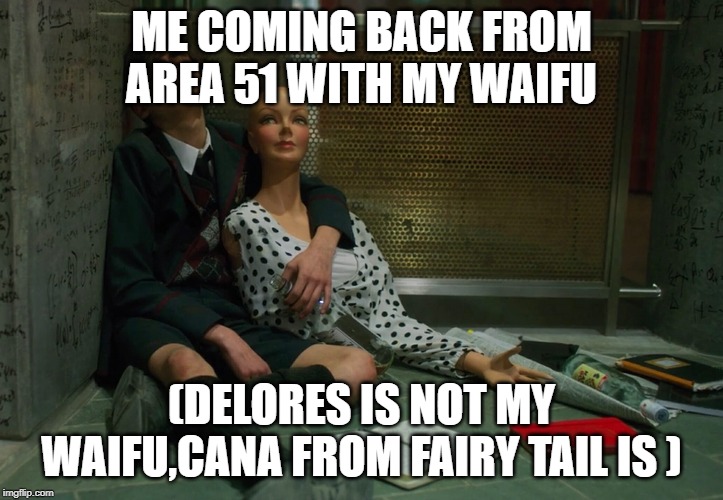 Umbrella Academy Number Five Mannequin | ME COMING BACK FROM AREA 51 WITH MY WAIFU; (DELORES IS NOT MY WAIFU,CANA FROM FAIRY TAIL IS ) | image tagged in umbrella academy number five mannequin | made w/ Imgflip meme maker