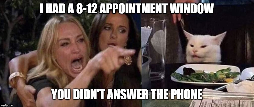 woman yelling at cat | I HAD A 8-12 APPOINTMENT WINDOW; YOU DIDN'T ANSWER THE PHONE | made w/ Imgflip meme maker
