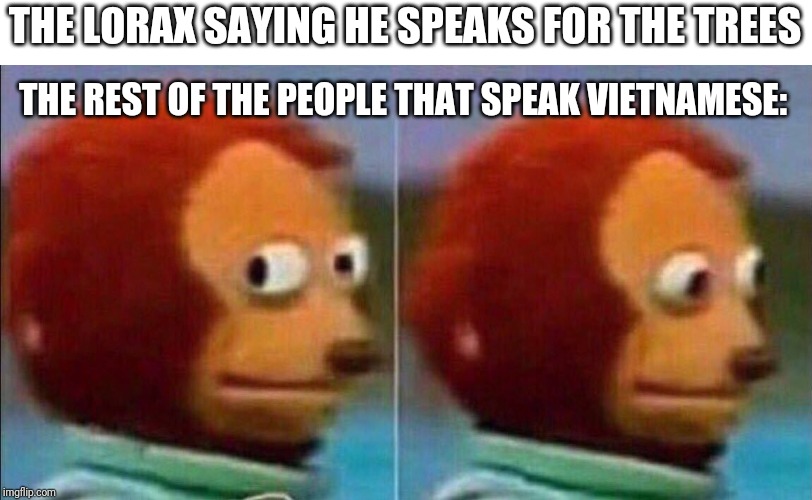 Monkey looking away | THE LORAX SAYING HE SPEAKS FOR THE TREES; THE REST OF THE PEOPLE THAT SPEAK VIETNAMESE: | image tagged in monkey looking away | made w/ Imgflip meme maker