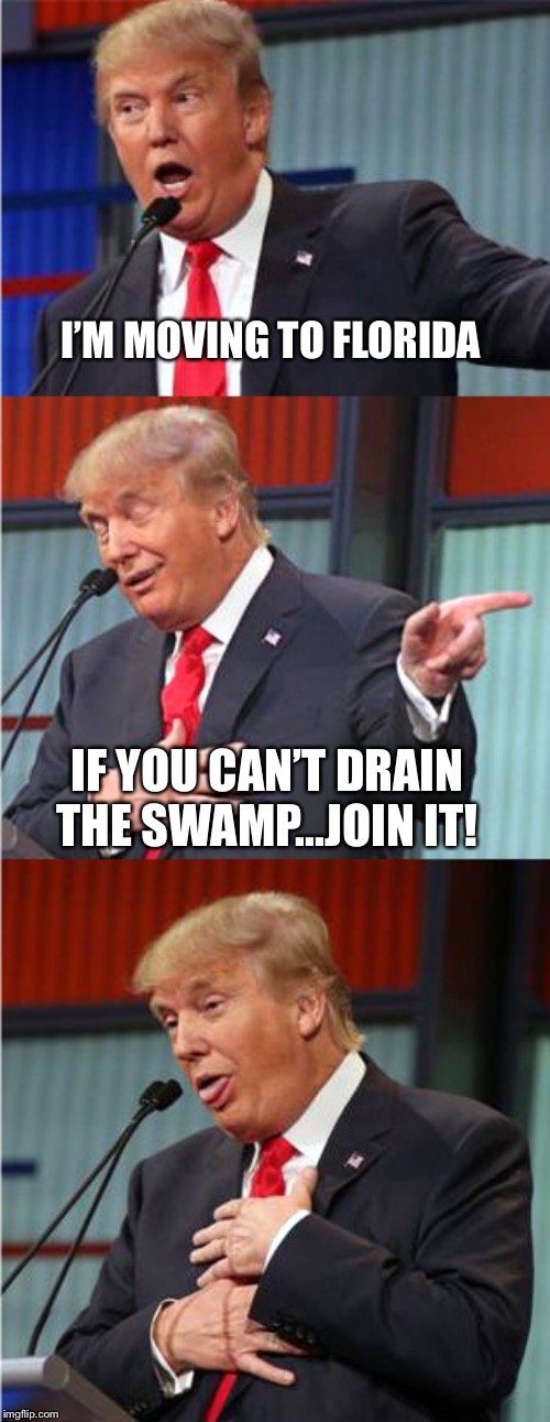 Bad Pun Trump | I’M MOVING TO FLORIDA; IF YOU CAN’T DRAIN THE SWAMP...JOIN IT! | image tagged in bad pun trump | made w/ Imgflip meme maker