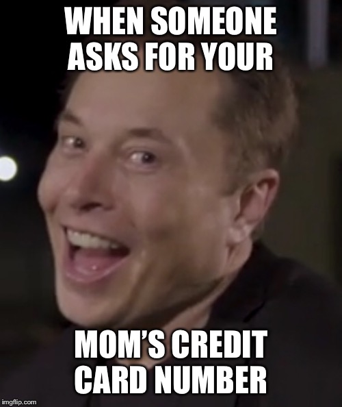 Elon | WHEN SOMEONE ASKS FOR YOUR; MOM’S CREDIT CARD NUMBER | image tagged in elon | made w/ Imgflip meme maker