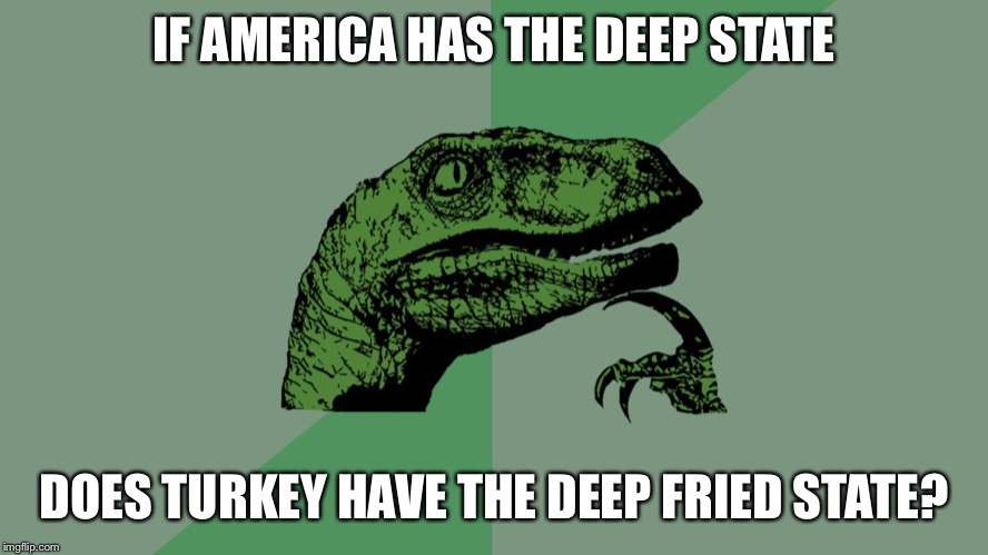 I say yes | IF AMERICA HAS THE DEEP STATE; DOES TURKEY HAVE THE DEEP FRIED STATE? | image tagged in philosophy dinosaur | made w/ Imgflip meme maker