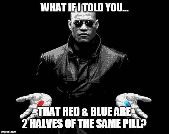 Matrix Morpheus Offer | WHAT IF I TOLD YOU... THAT RED & BLUE ARE 2 HALVES OF THE SAME PILL? | image tagged in matrix morpheus offer | made w/ Imgflip meme maker