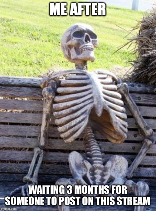 Waiting Skeleton | ME AFTER; WAITING 3 MONTHS FOR SOMEONE TO POST ON THIS STREAM | image tagged in memes,waiting skeleton | made w/ Imgflip meme maker