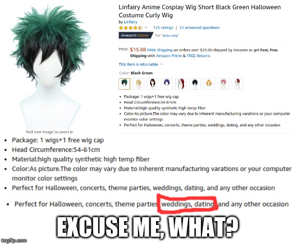 My dude. I can maybe understand dating, but weddings?? It's a cosplay wig XD | EXCUSE ME, WHAT? | image tagged in memes,bnha,my hero academia,boku no hero academia,wig,funny | made w/ Imgflip meme maker