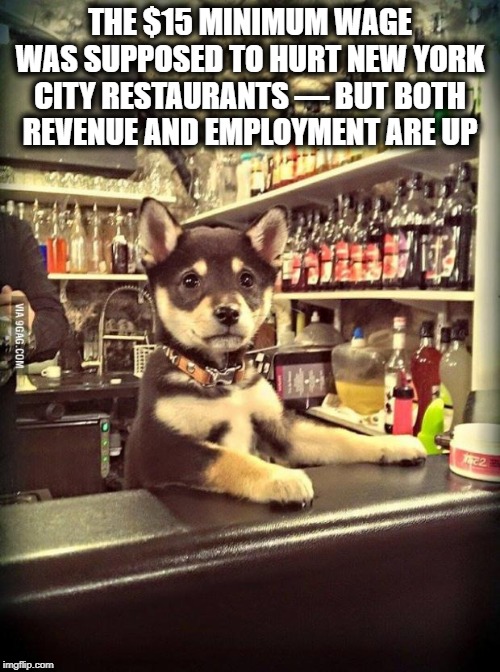 Once again the wrong right  wingers got it wrong | THE $15 MINIMUM WAGE WAS SUPPOSED TO HURT NEW YORK CITY RESTAURANTS — BUT BOTH REVENUE AND EMPLOYMENT ARE UP | image tagged in bartender puppy,impeach trump,memes,maga,politics | made w/ Imgflip meme maker