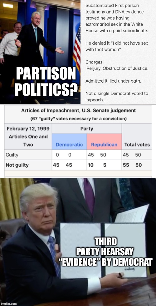 Democrats Partisan? |  PARTISON POLITICS? THIRD PARTY HEARSAY 
“EVIDENCE” BY DEMOCRAT | image tagged in inappropriate bill clinton,memes,trump bill signing,impeachment,partisanship | made w/ Imgflip meme maker