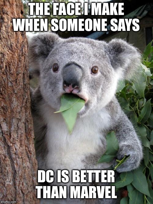 Surprised Koala | THE FACE I MAKE WHEN SOMEONE SAYS; DC IS BETTER THAN MARVEL | image tagged in memes,surprised koala | made w/ Imgflip meme maker