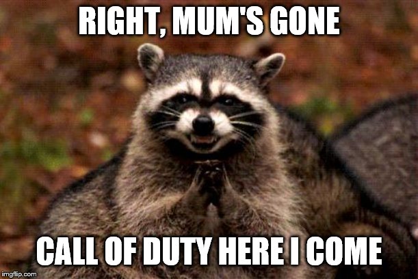 Evil Plotting Raccoon | RIGHT, MUM'S GONE; CALL OF DUTY HERE I COME | image tagged in memes,evil plotting raccoon | made w/ Imgflip meme maker