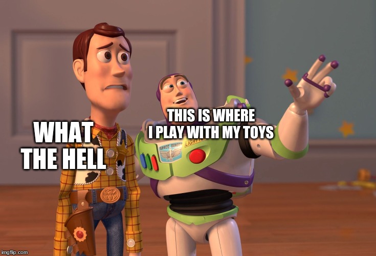 X, X Everywhere | WHAT THE HELL; THIS IS WHERE I PLAY WITH MY TOYS | image tagged in memes,x x everywhere | made w/ Imgflip meme maker