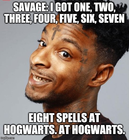 21 savage | SAVAGE: I GOT ONE, TWO, THREE, FOUR, FIVE, SIX, SEVEN; EIGHT SPELLS AT HOGWARTS. AT HOGWARTS. | image tagged in 21 savage | made w/ Imgflip meme maker