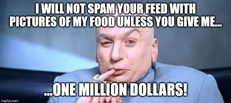 Dr Evil One Million | I WILL NOT SPAM YOUR FEED WITH PICTURES OF MY FOOD UNLESS YOU GIVE ME... ...ONE MILLION DOLLARS! | image tagged in dr evil one million | made w/ Imgflip meme maker