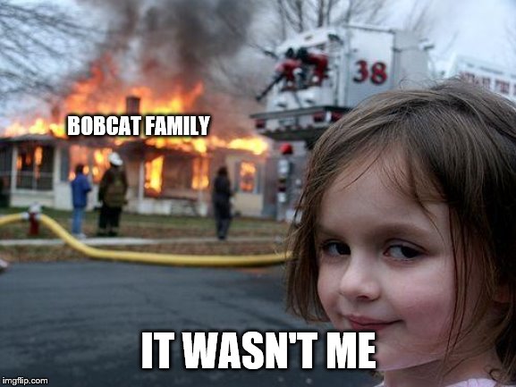 Disaster Girl Meme | BOBCAT FAMILY; IT WASN'T ME | image tagged in memes,disaster girl | made w/ Imgflip meme maker