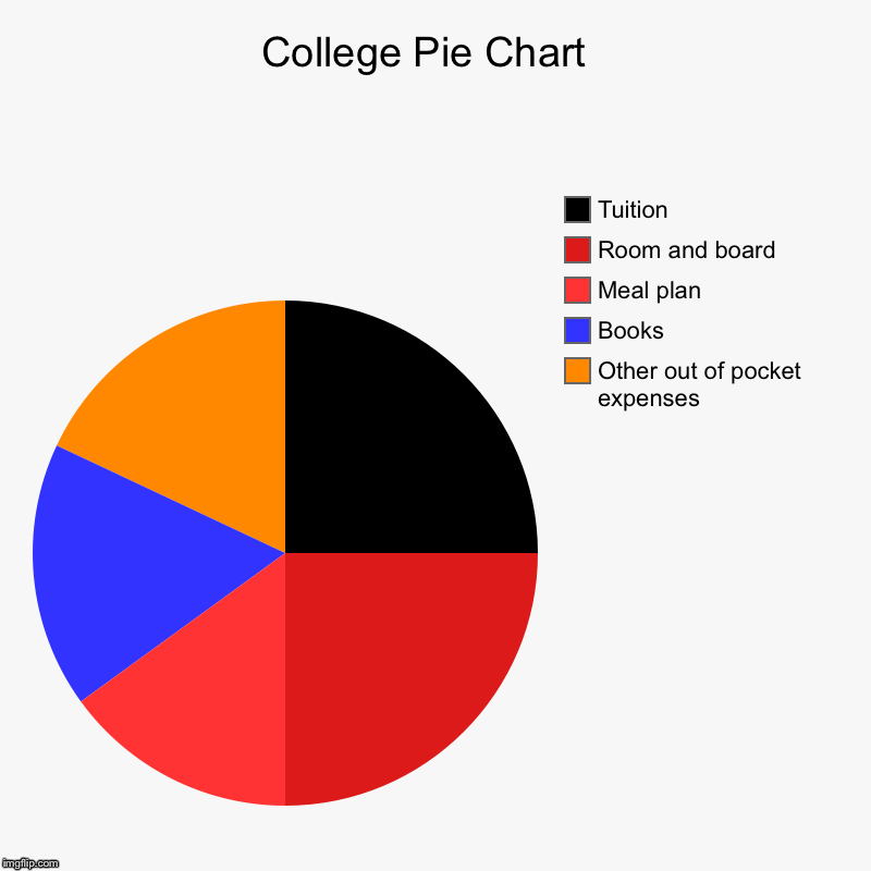 College Pie Chart  | Other out of pocket expenses, Books , Meal plan, Room and board, Tuition | image tagged in charts,pie charts | made w/ Imgflip chart maker