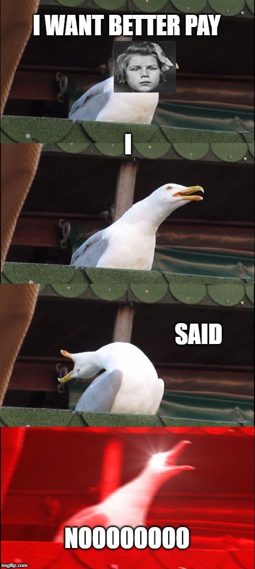 Inhaling Seagull Meme | I WANT BETTER PAY; I; SAID; NOOOOOOOO | image tagged in memes,inhaling seagull | made w/ Imgflip meme maker
