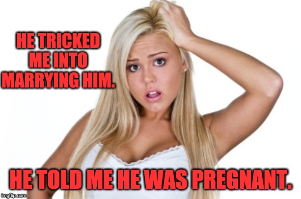 Dumb Blonde | HE TRICKED ME INTO MARRYING HIM. HE TOLD ME HE WAS PREGNANT. | image tagged in dumb blonde | made w/ Imgflip meme maker